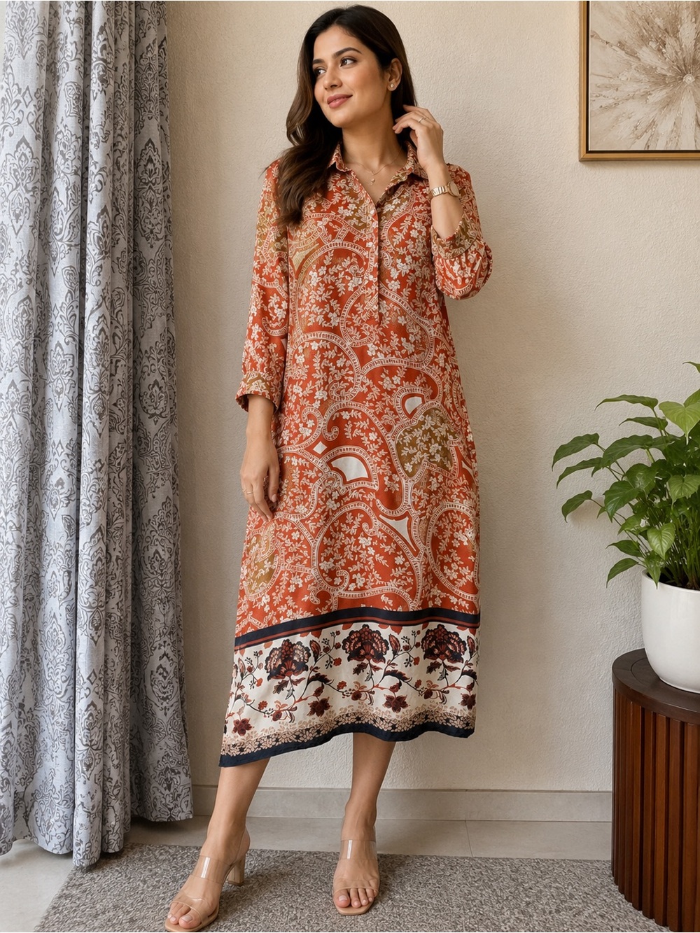 1.STATE Women’s Small Rust Paisley Floral Border Print Satin Midi Shirt Dress